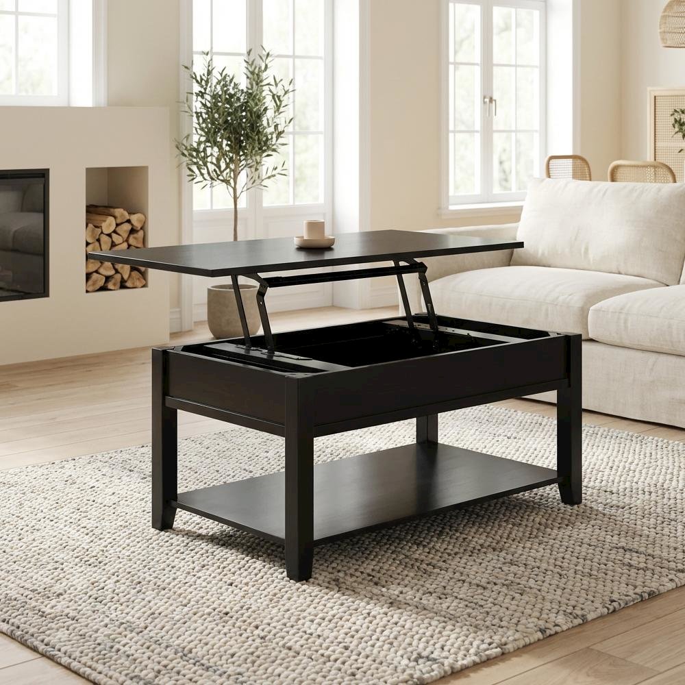 Black Coffee Table with Lift Top, Wood Veneer and Engineered Wood Surface