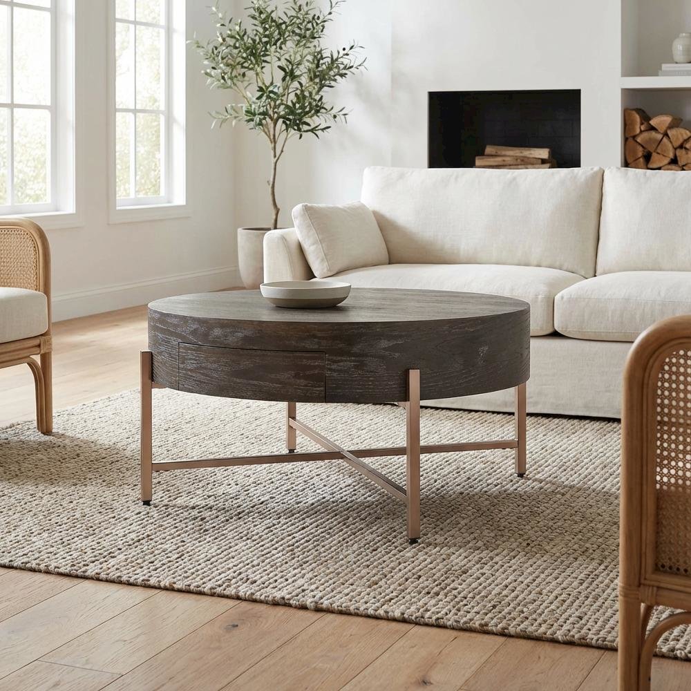 Dark Oak and Champagne Coffee Table with Metal Frame and Wood Veneer Surface
