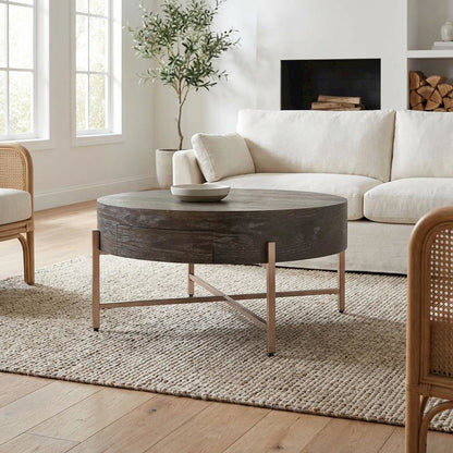 Dark Oak and Champagne Coffee Table with Metal Frame and Wood Veneer Surface