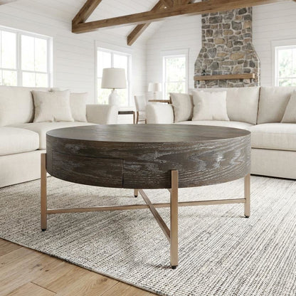 Dark Oak and Champagne Coffee Table with Metal Frame and Wood Veneer Surface