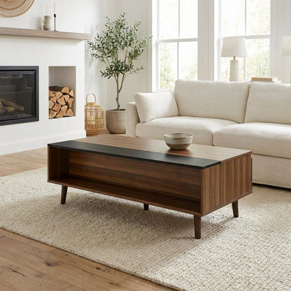 Coffee Table Walnut and Black Lift-Top with Solid Wood, Veneer Storage Surface