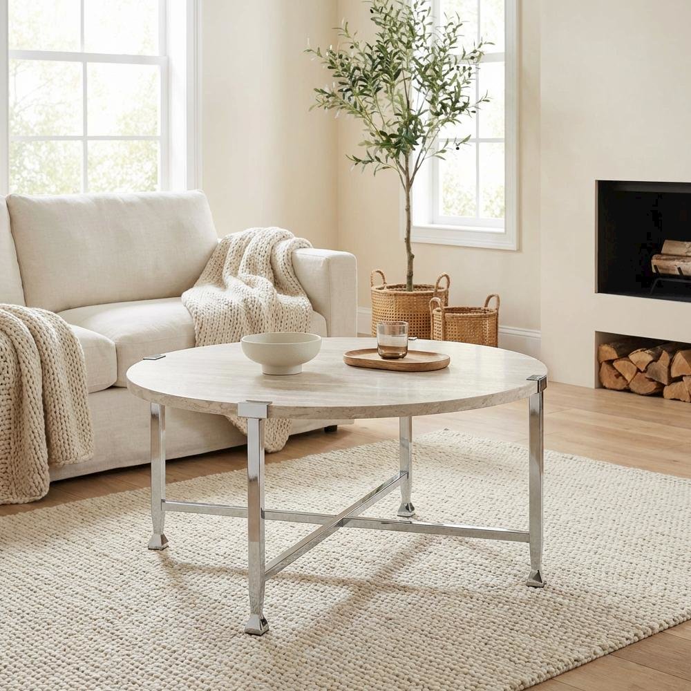 Coffee Table White Oak Chrome Metal Tube Paper Veneer Wood Surface