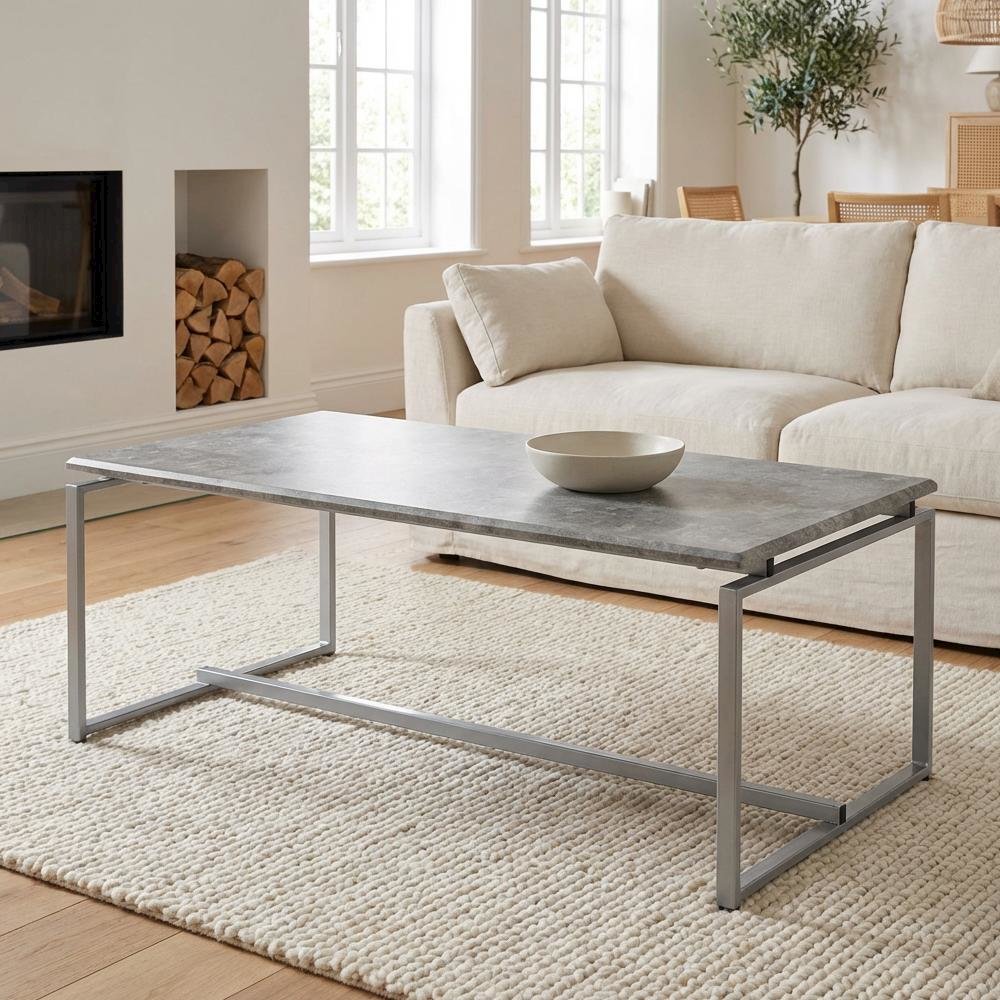 Faux Concrete Top and Silver 3-Piece Industrial Coffee and End Table Set