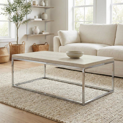 Chrome Coffee Table with Industrial Metal Frame and Wood Top, Rectangular Design