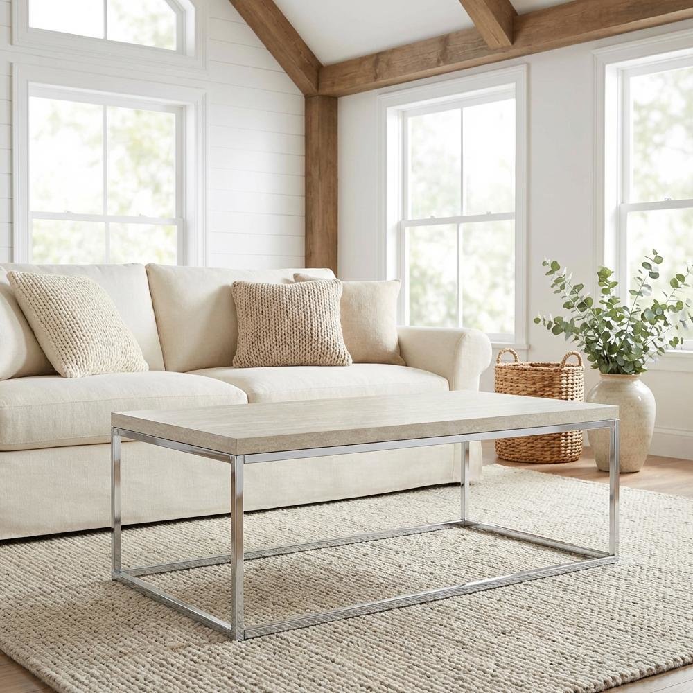 Chrome Coffee Table with Industrial Metal Frame and Wood Top, Rectangular Design