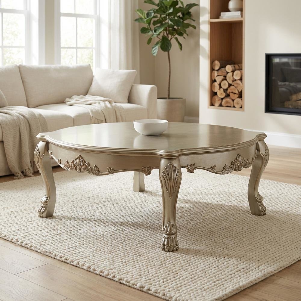 Coffee Table Gold Patina & Bone Wood and Poly-Resin Surface Stylish Design