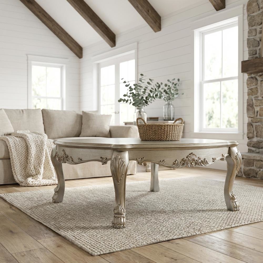 Coffee Table Gold Patina & Bone Wood and Poly-Resin Surface Stylish Design