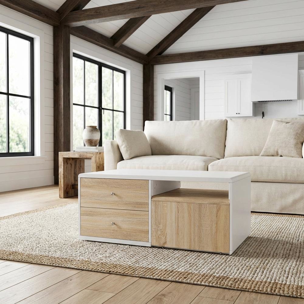 White High Gloss Coffee Table with Wood Veneer and Composite Wood Finish