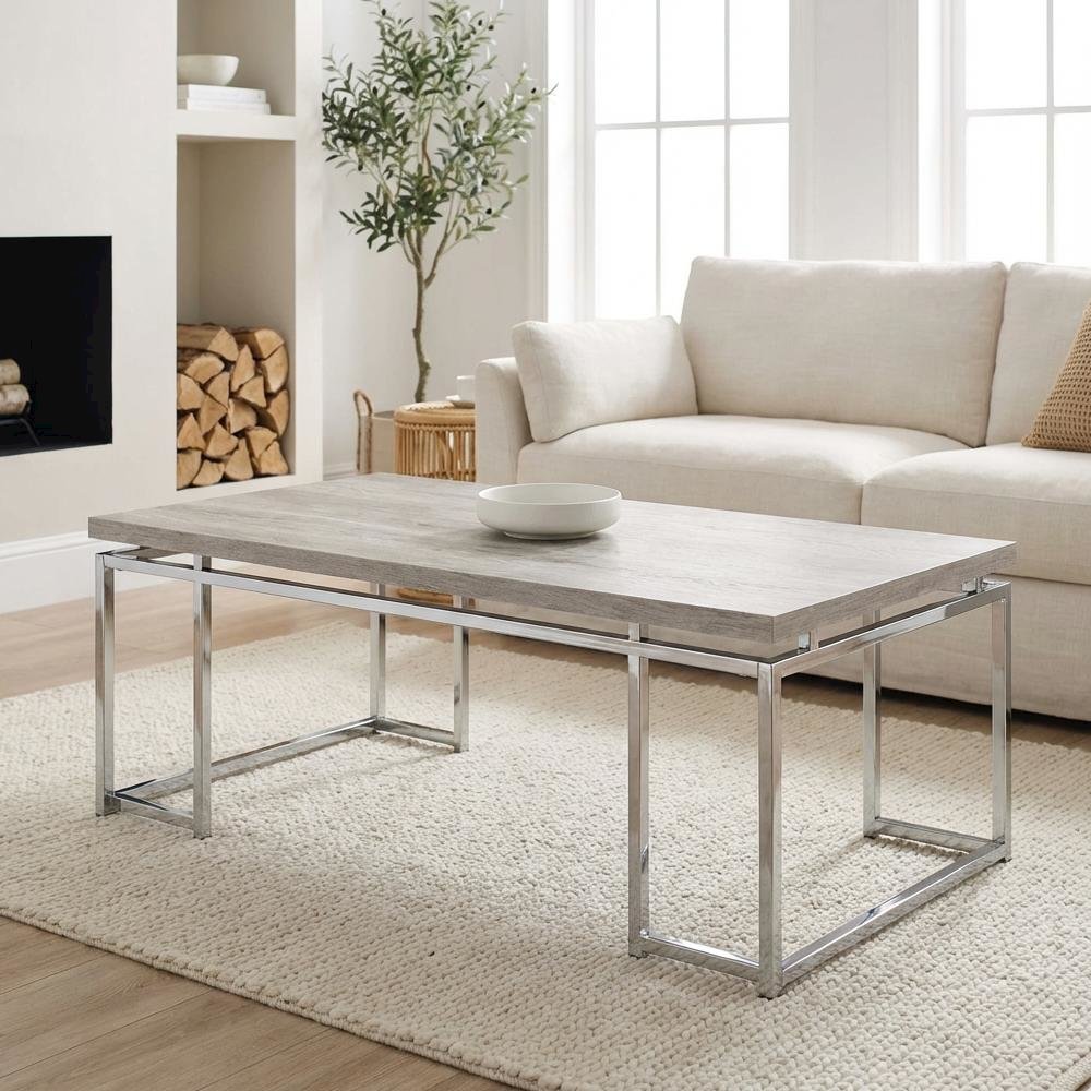 Oak Finish and Chrome Coffee Table with Metal Frame and Veneer Surface