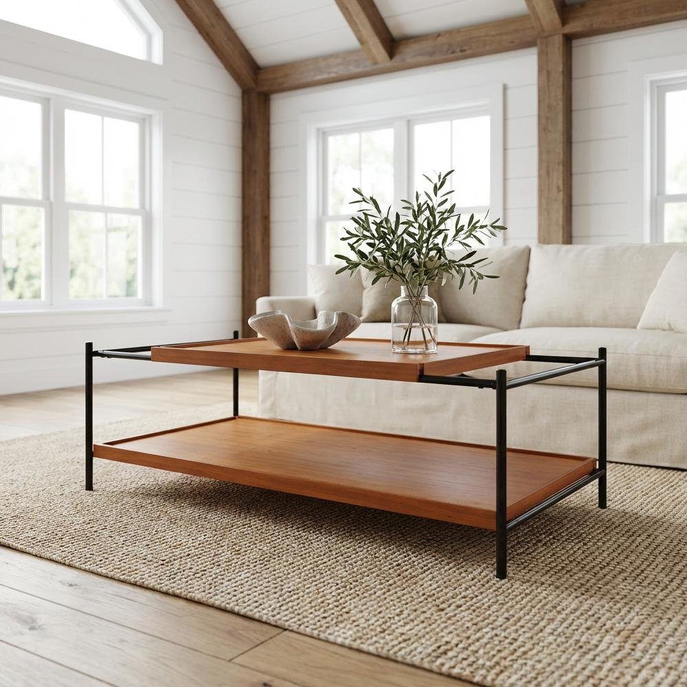 Coffee Table Honey Oak & Black Metal Frame MDF Top with Storage Shelf