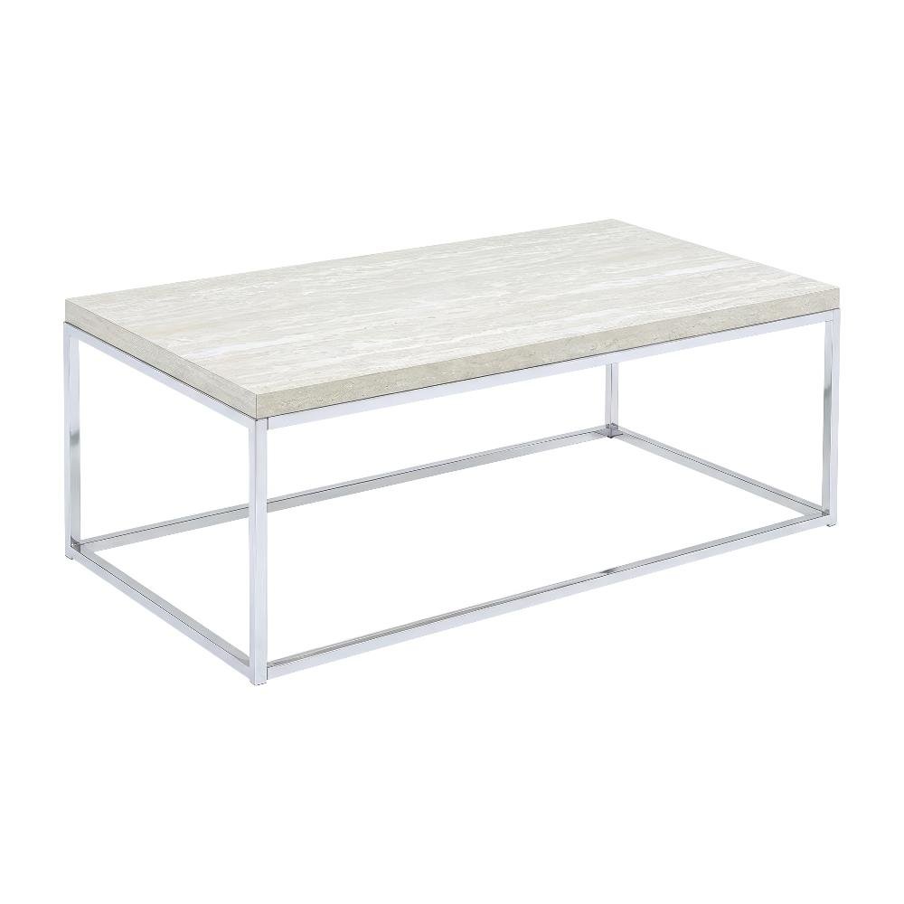 Chrome Coffee Table with Industrial Metal Frame and Wood Top, Rectangular Design
