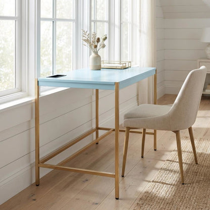 Contemporary Baby Blue And Gold Finish Writing Desk With Mdf And Metal