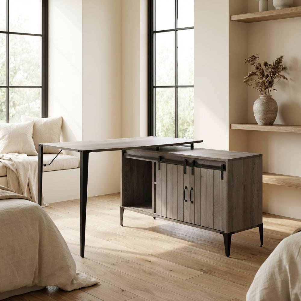 Industrial Gray Oak And Black Finish Writing Desk With Modern Design