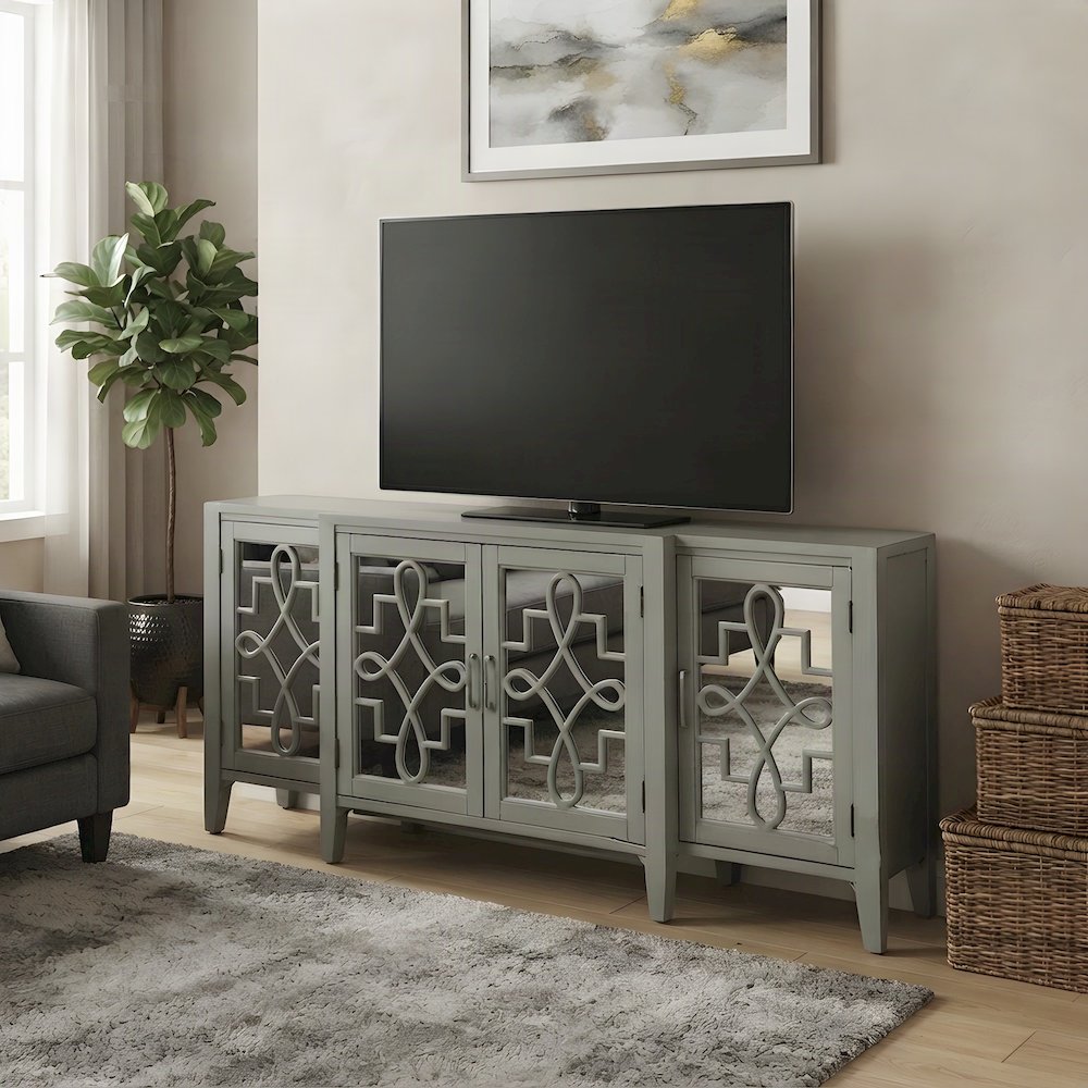 Mirrored Wood Console Table with 4-Door Storage for Entryway, Antique Gray