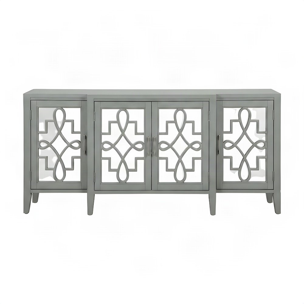 Mirrored Wood Console Table with 4-Door Storage for Entryway, Antique Gray