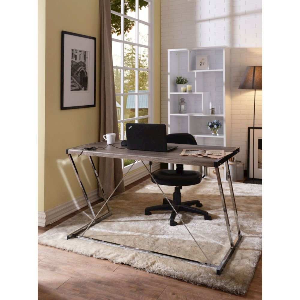 Finis Writing Desk w/USB Port, Weathered Oak & Chrome
