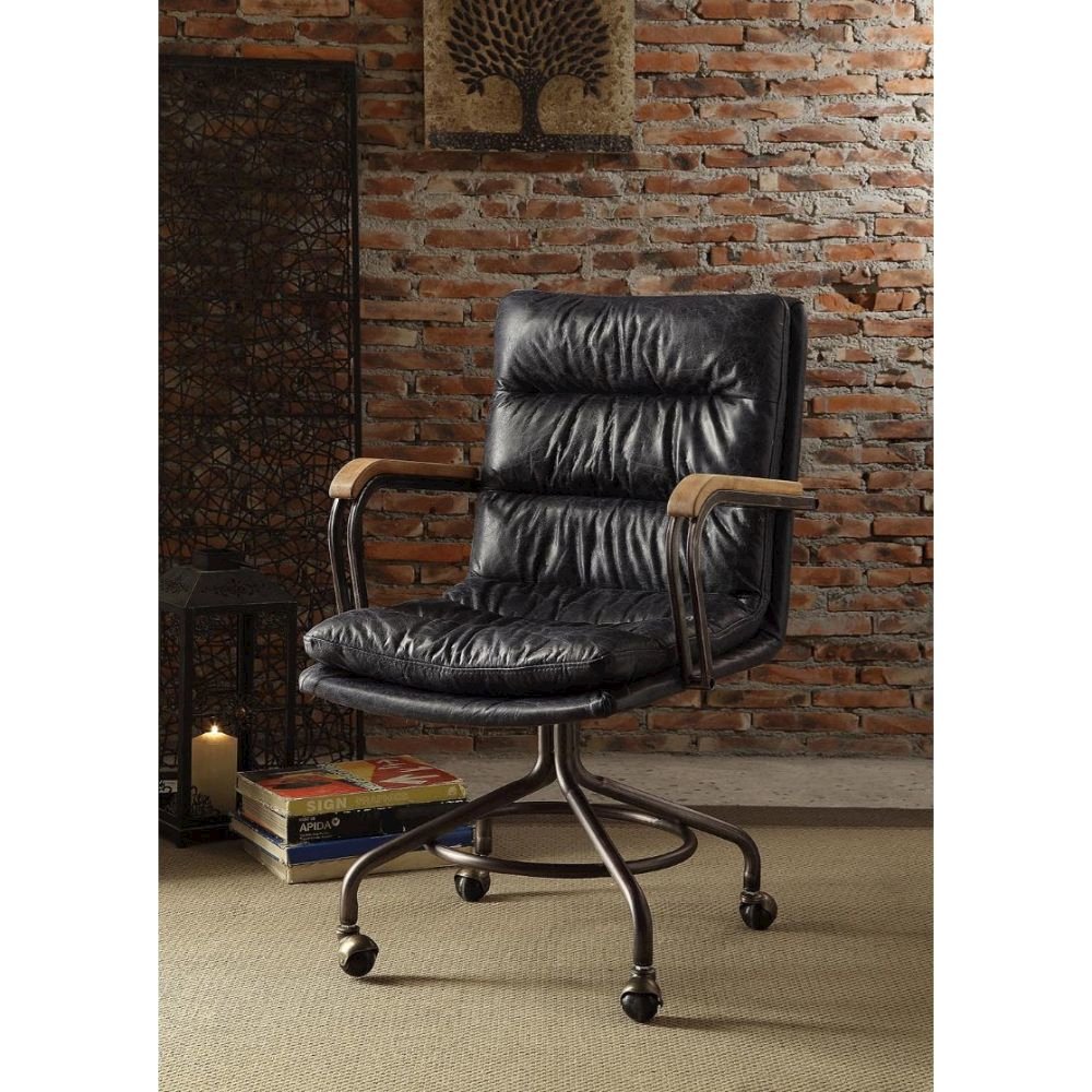 Harith Swivel Office Chair, Vintage Blue Top Grain Leather