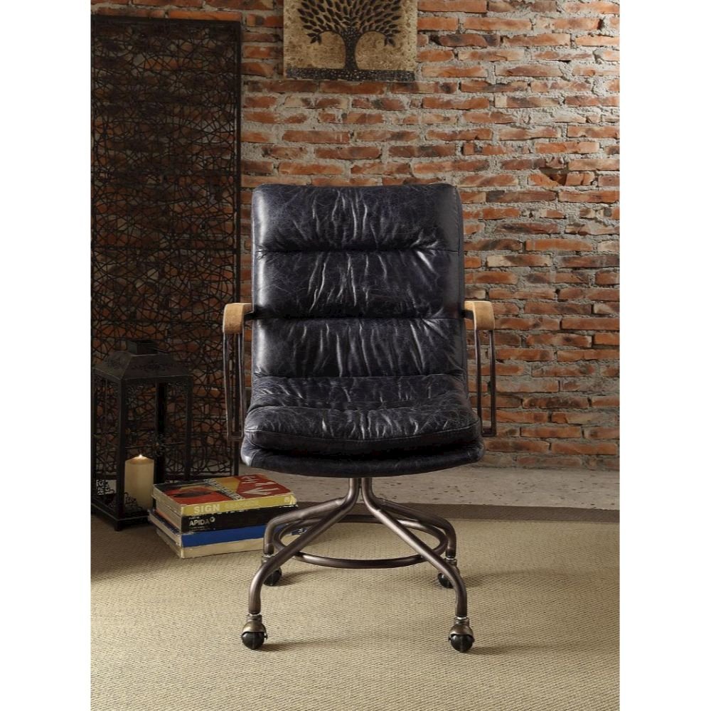 Harith Swivel Office Chair, Vintage Blue Top Grain Leather