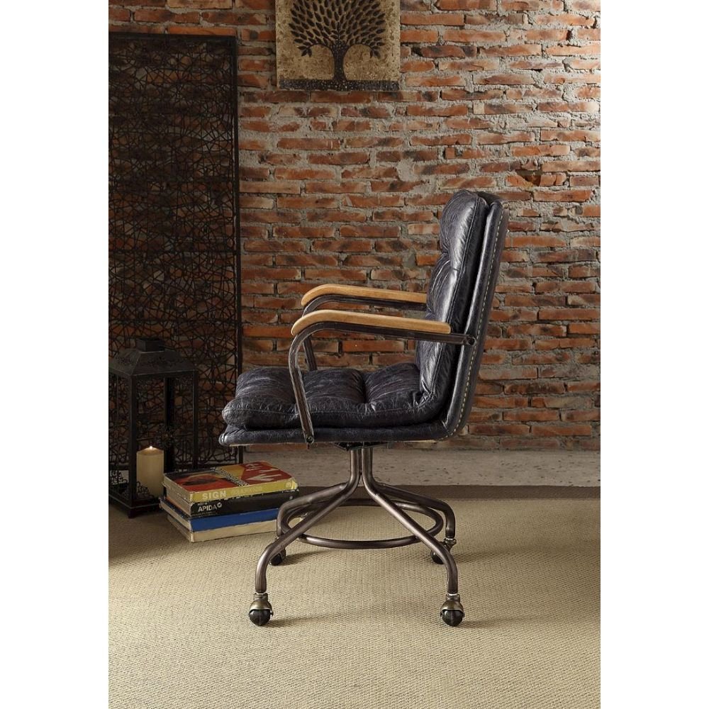 Harith Swivel Office Chair, Vintage Blue Top Grain Leather