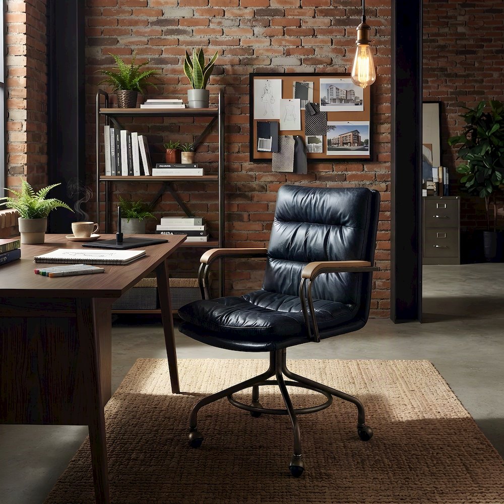 Top Grain Leather Swivel Mid-Back Office Chair, Vintage Blue Top Grain Leather