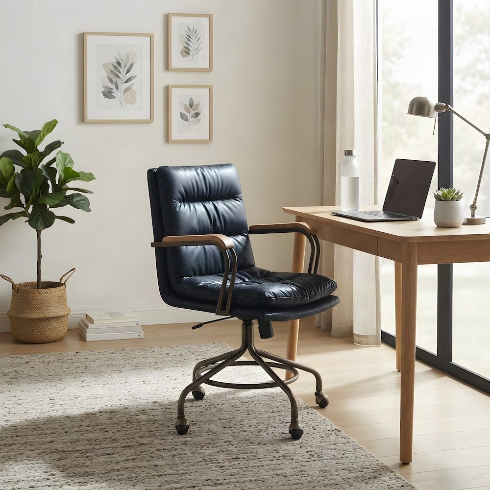 Top Grain Leather Swivel Mid-Back Office Chair, Vintage Blue Top Grain Leather