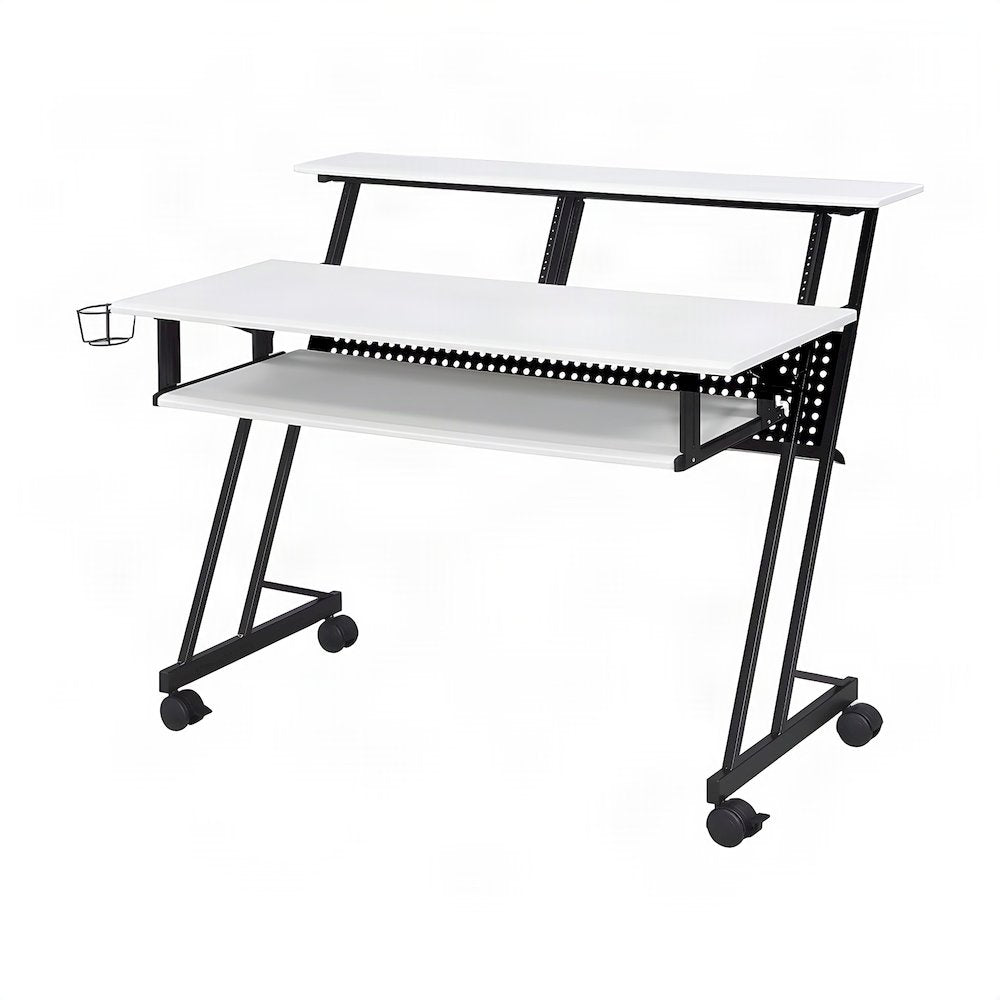 Industrial Metal and MDF Music Recording Studio Desk with Shelf, White & Black