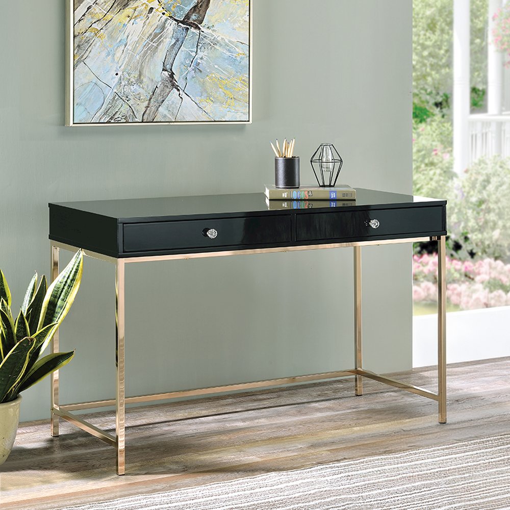 Ottey Writing Desk, Black High Gloss & Gold