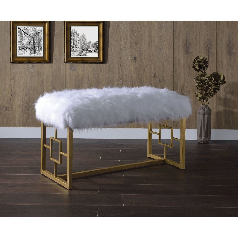 Bagley II Bench, White Faux Fur & Gold