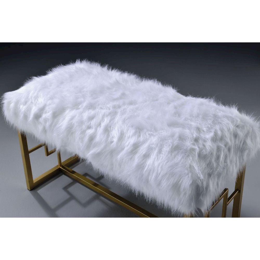 Bagley II Bench, White Faux Fur & Gold