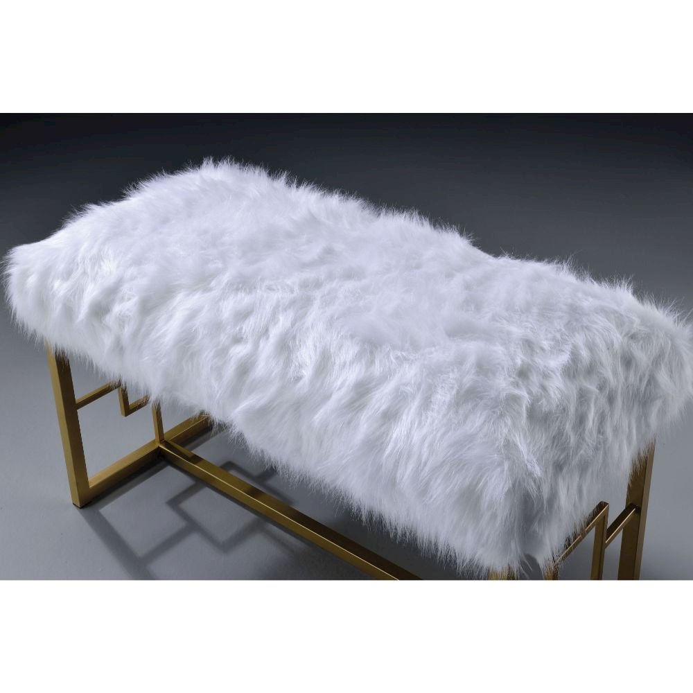 Bagley II Bench, White Faux Fur & Gold