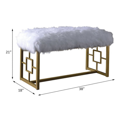 Bagley II Bench, White Faux Fur & Gold