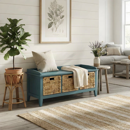 Wood Veneer Storage Bench with 3-Drawer Cabinet for Entryway, Teal