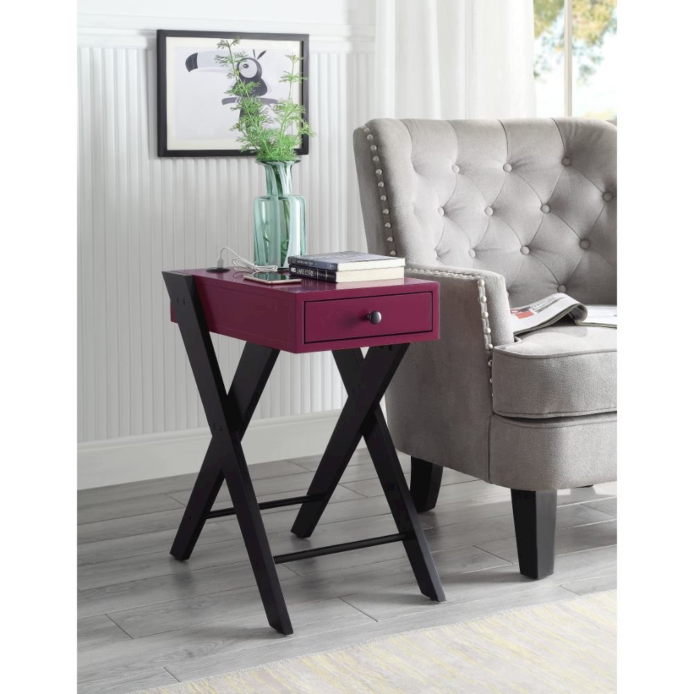 Fierce Accent Table w/USB Port, Burgundy & Black