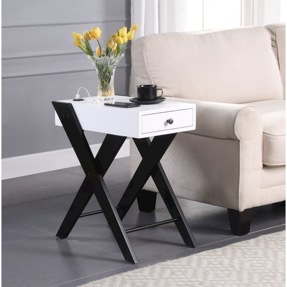 Fierce Accent Table w/USB Port, White & Black