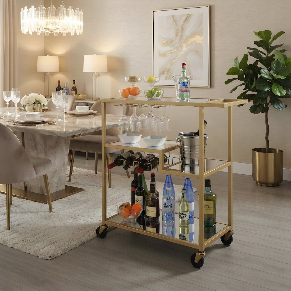 Metal and Mirror Bar Cart with Rolling Casters and Storage, Champagne & Mirror