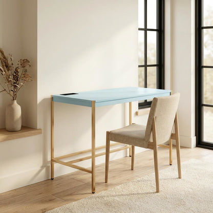 Contemporary Baby Blue And Gold Finish Writing Desk With Mdf And Metal