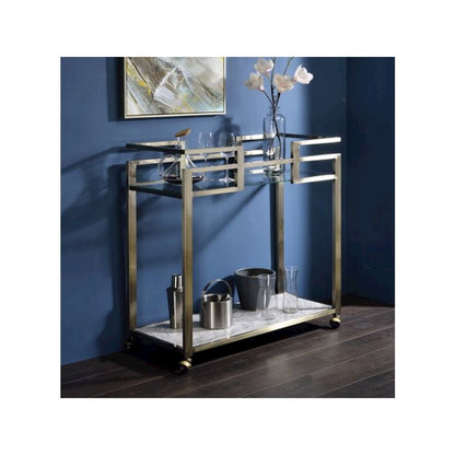 Neilo Serving Cart, Clear Glass, Faux Natural Marble Top & Wire Brass