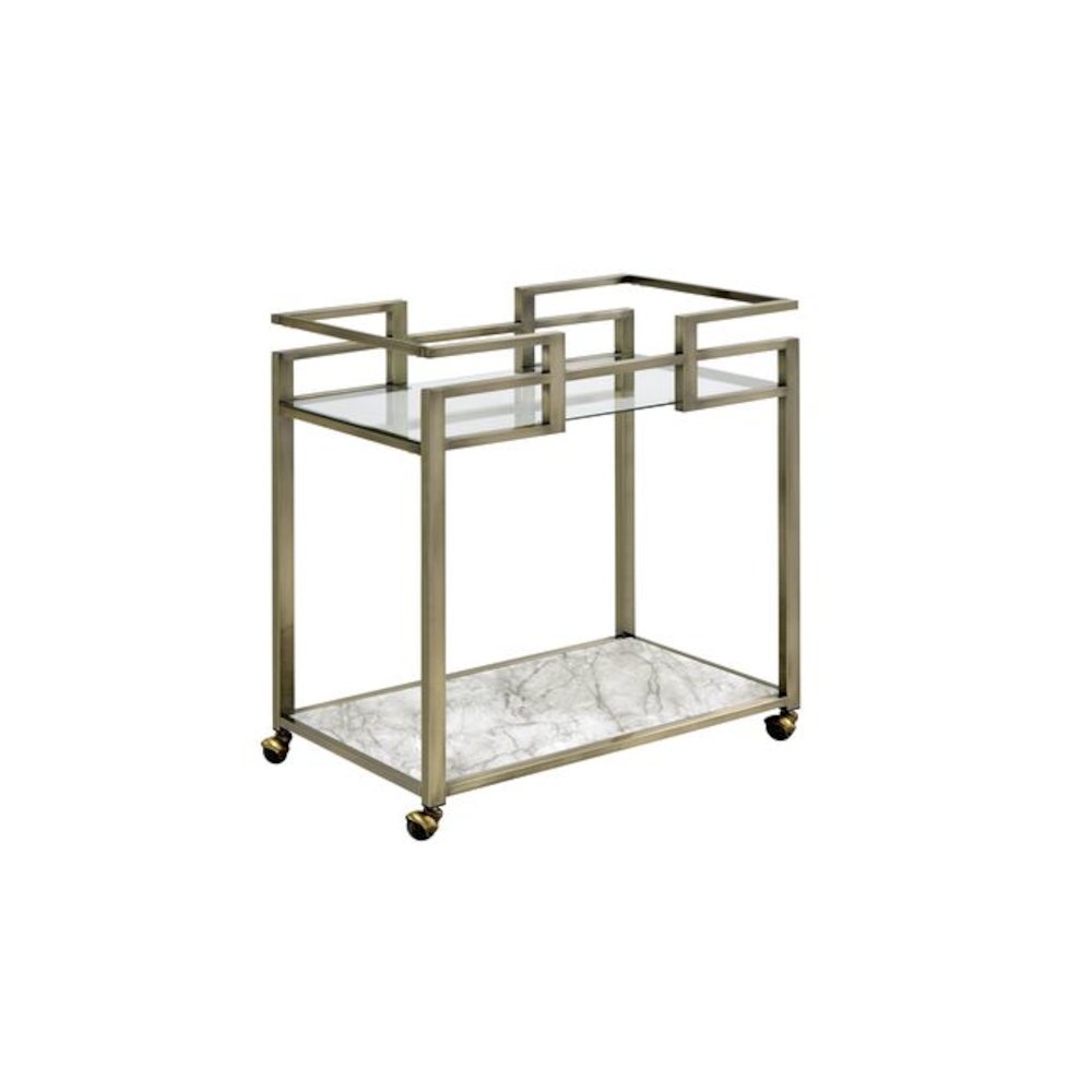 Neilo Serving Cart, Clear Glass, Faux Natural Marble Top & Wire Brass
