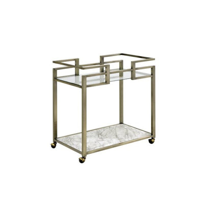 Neilo Serving Cart, Clear Glass, Faux Natural Marble Top & Wire Brass