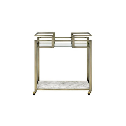 Neilo Serving Cart, Clear Glass, Faux Natural Marble Top & Wire Brass
