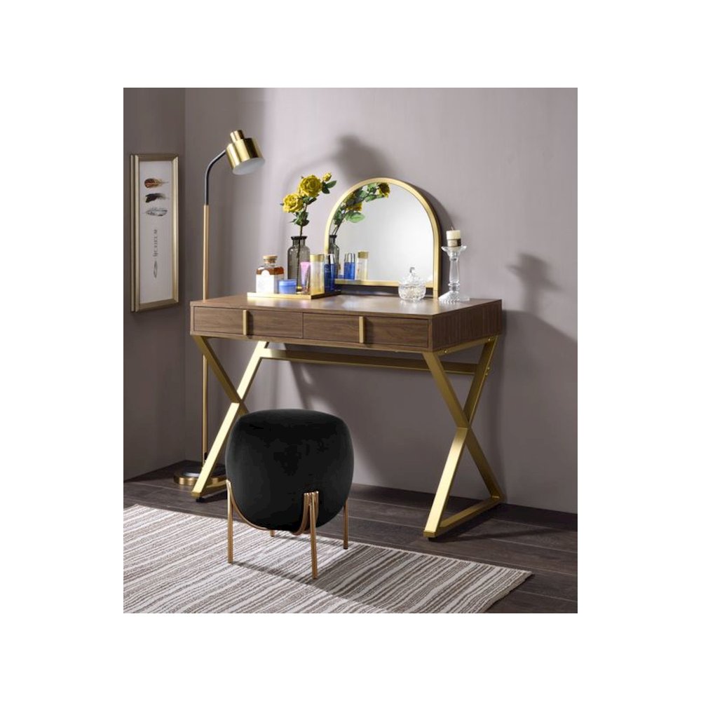 Coleen Vanity Desk w/Mirror & Jewelry Tray, Walnut & Gold