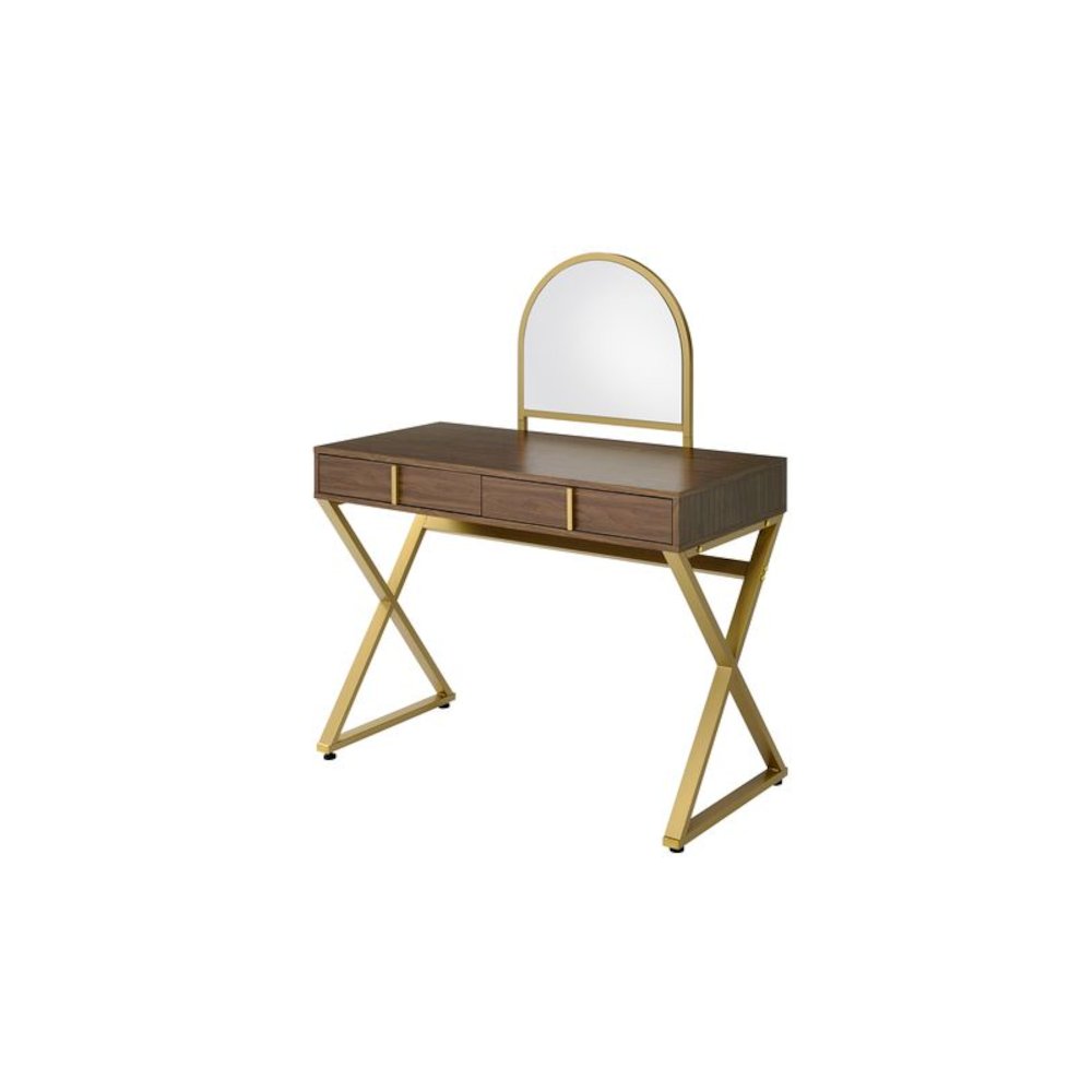 Coleen Vanity Desk w/Mirror & Jewelry Tray, Walnut & Gold
