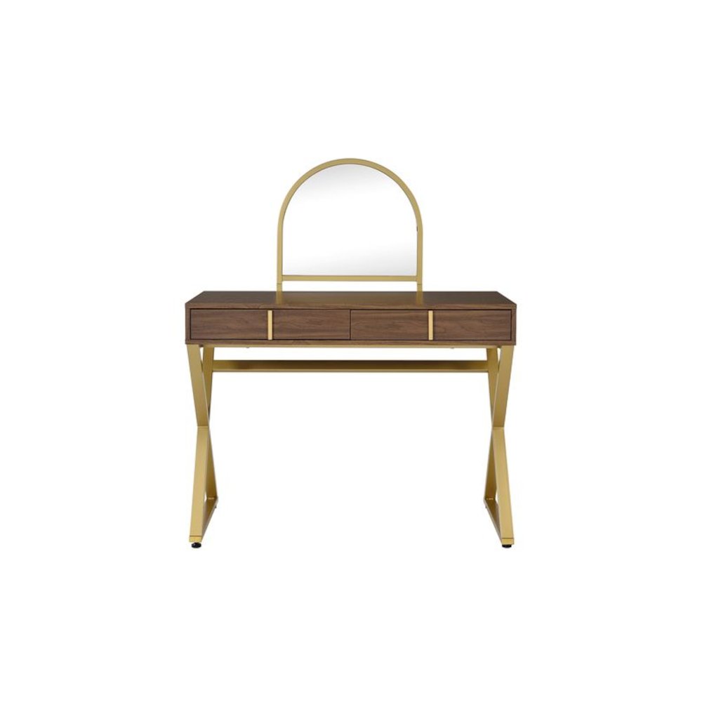 Coleen Vanity Desk w/Mirror & Jewelry Tray, Walnut & Gold