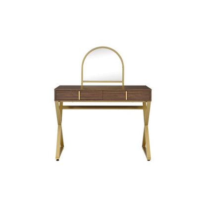 Coleen Vanity Desk w/Mirror & Jewelry Tray, Walnut & Gold