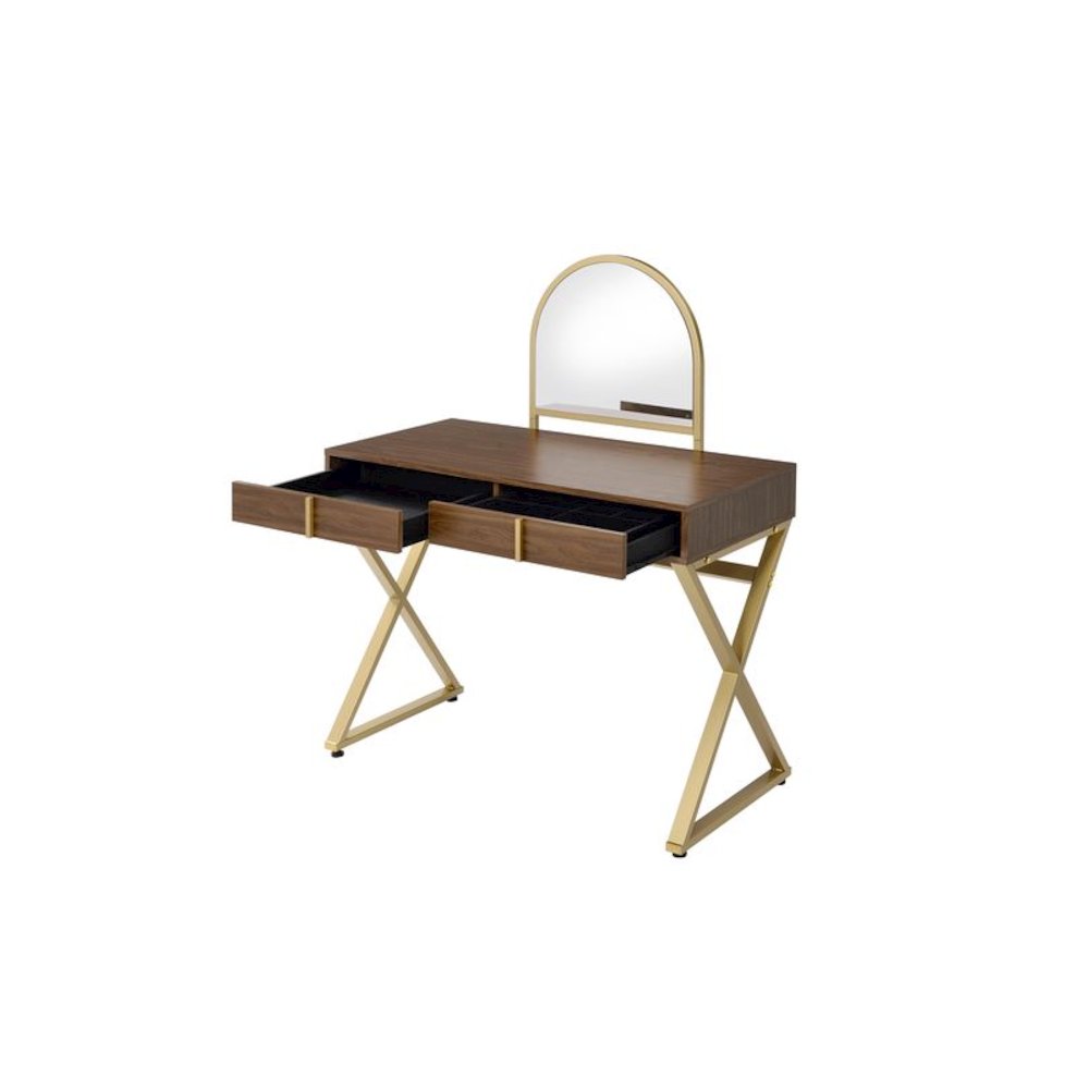 Coleen Vanity Desk w/Mirror & Jewelry Tray, Walnut & Gold