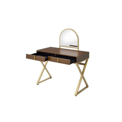 Coleen Vanity Desk w/Mirror & Jewelry Tray, Walnut & Gold