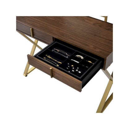 Coleen Vanity Desk w/Mirror & Jewelry Tray, Walnut & Gold