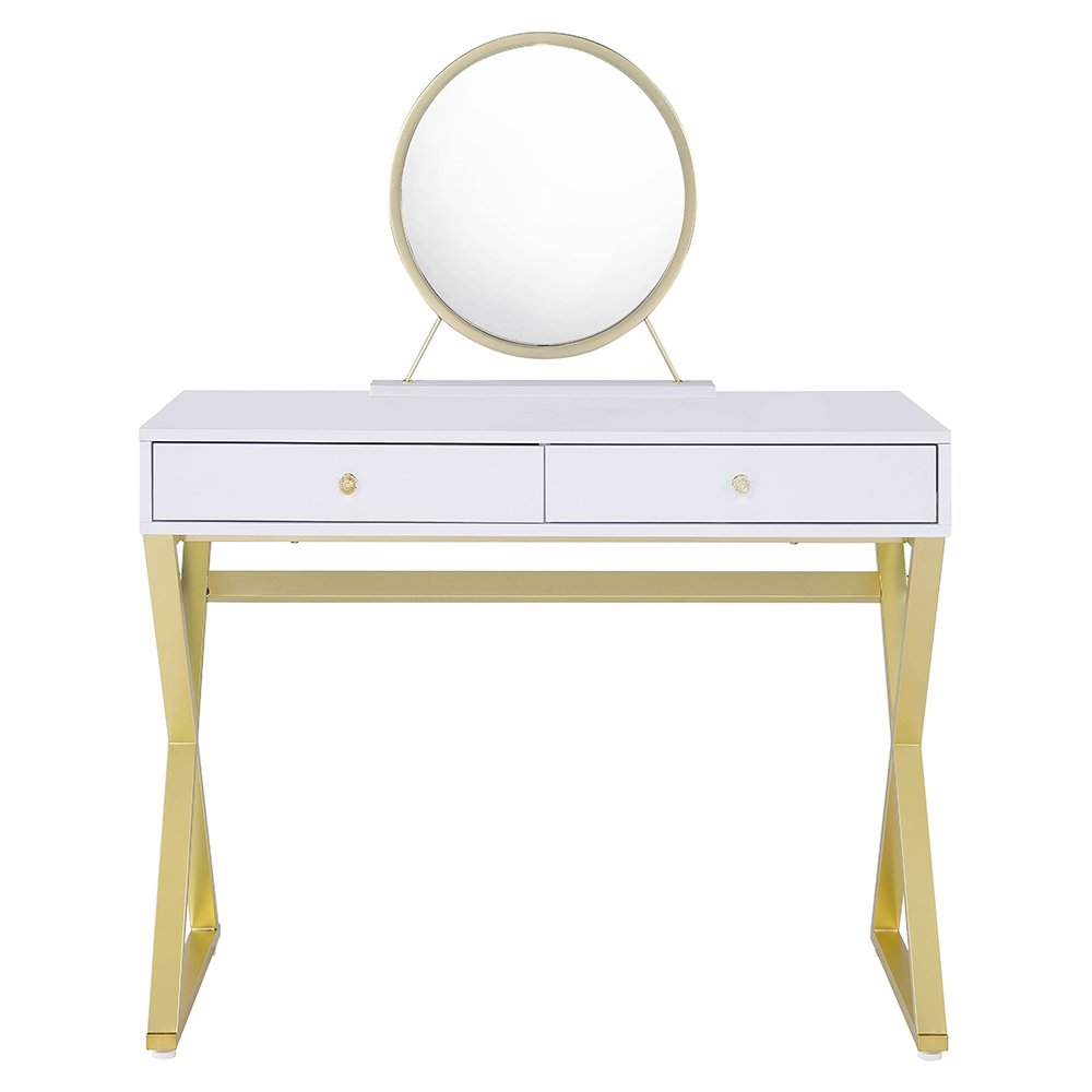 Coleen Vanity Desk w/Mirror & Jewelry Tray, White & Gold