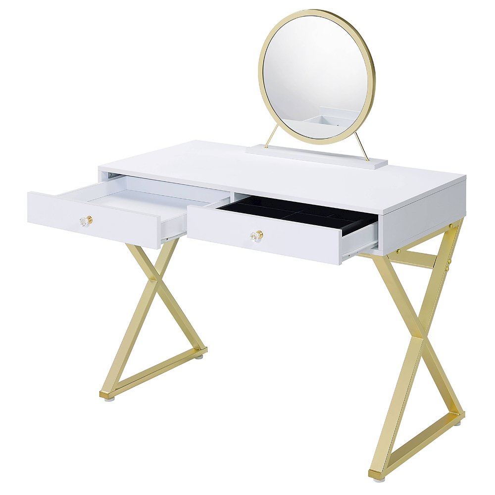 Coleen Vanity Desk w/Mirror & Jewelry Tray, White & Gold