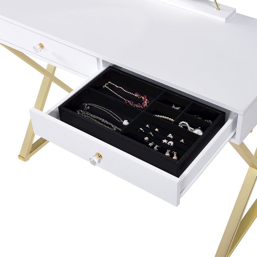 Coleen Vanity Desk w/Mirror & Jewelry Tray, White & Gold